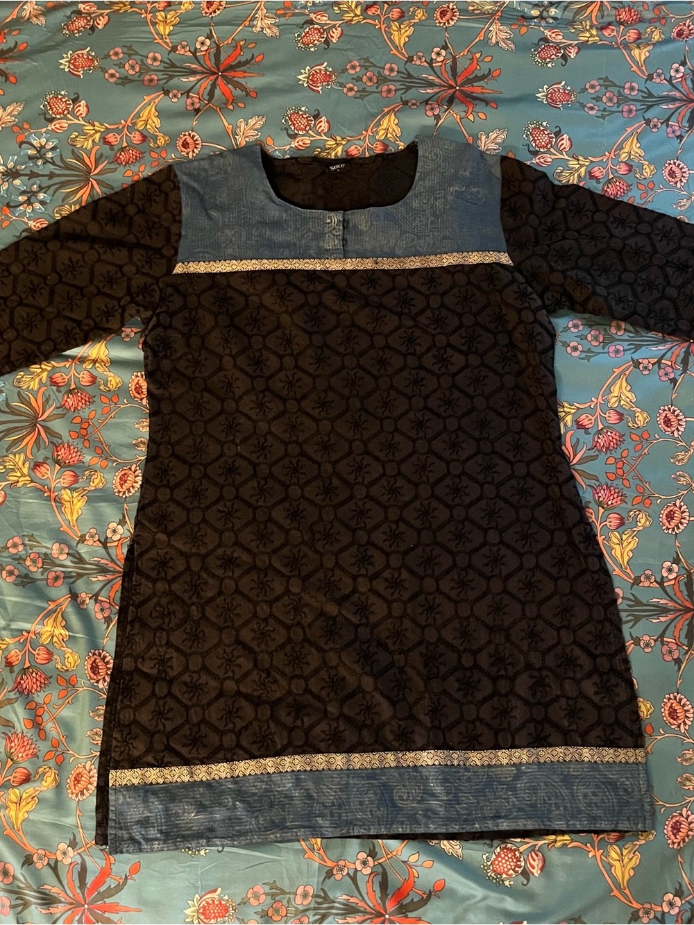 Long Sleeve Black Tunic Dress with Blue Trim